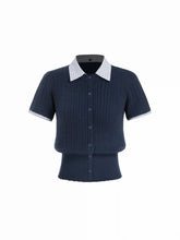 Cable Knit Contrast Stripe Polo Neck Button Through Short Sleeve Cardigan