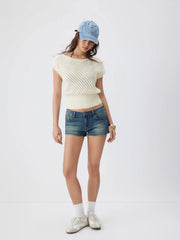 Knit Cotton-blend Pointelle Asymmetrical Neck Oversized Top
