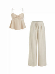 Sweetheart Drawstring Cami Top and Striped Wide-Leg Pants Set