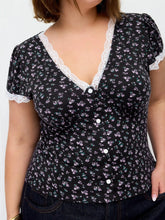 Ditsy Floral V-Neck Contrasting Lace Puff Sleeve Top Curve & Plus
