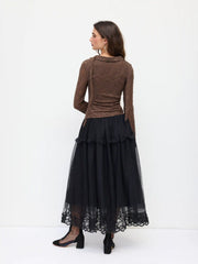 Lace V-neck Lace Up Long Sleeve Top With Scarf