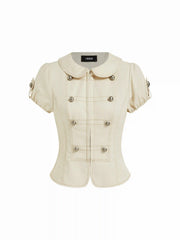 Cotton-Blend Peter Pan Collar Puff Sleeve Metal Detail Blouse