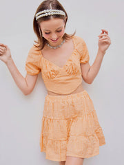 Sweetheart Backless Puff Sleeve Crop Top & Ruffle Hem Mini Skirt