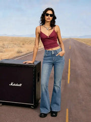 Stretch Washed Denim Low Rise Embroidery Flared Jeans