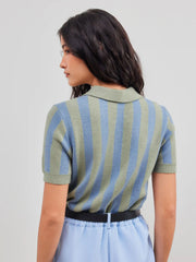 Knit Polo Collar Striped Pocket Short Sleeve Top