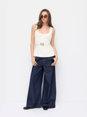 Knit Square Neck Tank Top With Belt