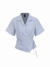 Cotton-blend Stripe Wrap Short Sleeve Blouse