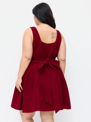 Velvet Square Neck Bowknot Tie Back Ruffle Mini Dress Curve & Plus