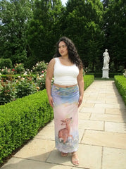 Mesh Oil Painting Mid Rise Lettuce Trim Mermaid Maxi Skirt Curve & Plus