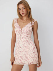 Chiffon Floral Sweetheart Ruffle Sleeve Tie Front A-line Mini Dress