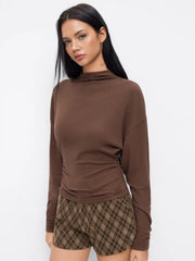 Cotton-blend High Neck Long Sleeve Ruched Cinched Waist Top