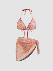 V-neck Halter Floral Tie Side Bikini Swimsuit With Sarong
