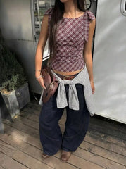 Cotton-blend Plaid Knotted Ruched Top