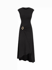 Round Neckline Metal Detail Ruched Asymmetrical Hem Maxi Dress