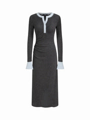 Textured Round Neck Long Sleeve Contrasting Binding Maxi Dress