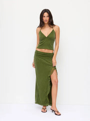 Metallic Mesh Halter Top & Low Rise Asymmetrical Pencil Maxi Skirt Set