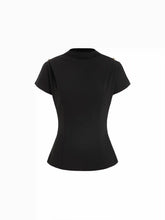 High Neck Ruched Metal Button Short Sleeve Top