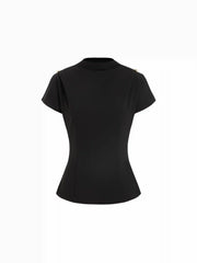 High Neck Ruched Metal Button Short Sleeve Top