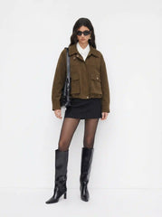 Suede Collar Zip Through Drawstring Long Sleeve Jacket