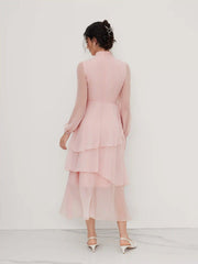Chiffon Stand Collar Ruched Layered Asymmetrical Hem Maxi Dress