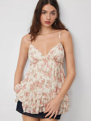 Chiffon Floral V-Neck Ruffled Cami Blouse