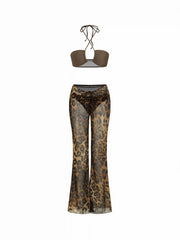 Halter Neckline Criss Cross Cheeky Bikini Set With Floral Cover Up Pants