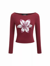 Cotton-Blend Boat Neck Floral Graphic Long Sleeve Crop Top