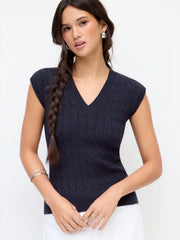 Cable Knit V-neck Twist Knotted Tank Top