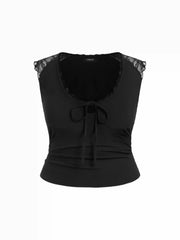 Cotton-blend Scoop Neck Lace Panel Tie-front Tank Top Curve & Plus