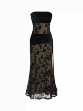 Vestido Maxi Sirena Bandeau de terciopelo y encaje floral y estampado