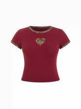 Cotton-blend Leopard Heart Applique Short Sleeve Tee Curve & Plus