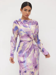 Satin Round Neckline Illusion Print Twist Maxi Dress