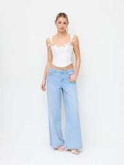 Cotton-blend Sweetheart Floral Embroidery Bowknot Cami Top