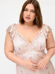 Satin Floral V-neck Ruffle Sleeve Lace A-line Mini Dress Curve & Plus