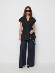 Collar Oversized Belted Sleeveless Blazer Vest