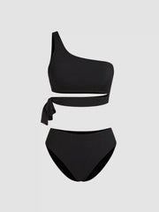 Shaping Rib Solid Bowknot One Shoulder Bikini Set