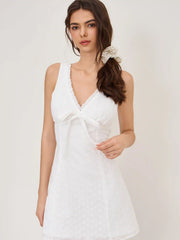 Cotton-blend Broderie Anglaise Trim Floral Bowknot Mini Dress