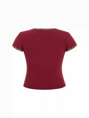 Cotton-blend Leopard Heart Applique Short Sleeve Tee Curve & Plus