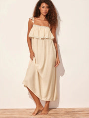 Textured Square Neck Lace Trim Ruffle Maxi Nightdress