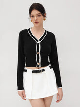 Knit V-neck Solid Contrasting Binding Button Cardigan