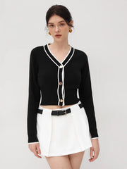 Knit V-neck Solid Contrasting Binding Button Cardigan