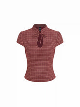 Cotton Gingham Mandarin Collar Puff Sleeve Bowknot Blouse