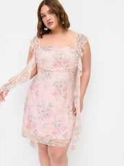 Square Neck Lace Floral Ruffle Hem Ruched Mini Dress Curve & Plus