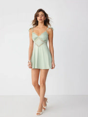Satin Sweetheart Lace Panel Ruffle High Rise A-line Mini Dress
