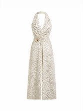 Halter Neckline Polka Dot Ruched Metal Detail Wide Leg Jumpsuit