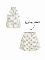 Satin Halter Neckline Polka Dot Top & Mid Rise Zipper Mini Skirt Set