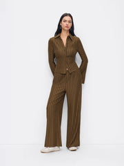 Abstract Graphic Collar Bell Sleeve Shirt & Mid Rise Wide Leg Trousers Set