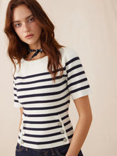 Knit Striped Boat Neck Metal Detail Short Sleeve Top