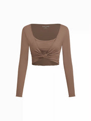 U-neckline Solid Long Sleeve Crop Active Top