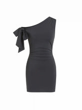 Asymmetrical Neck Knotted Ruched Mini Bodycon Dress